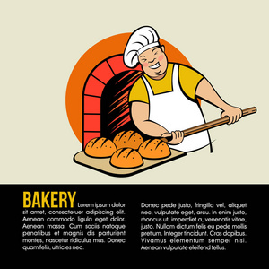 一个可爱的面包师在面包店工作。 面包师在烤箱里烤面包。 面包店矢量标志。