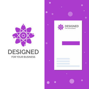 原子核分子化学科学的商业标志。 垂直紫色商务名片模板。 创意背景向量插图
