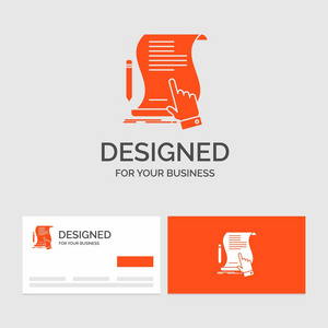 合同文件纸签署协议申请的商业标志模板。 带有品牌标志模板的橙色名片。