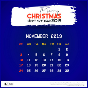 2019年11月日历模板。 圣诞快乐，新年快乐，蓝色背景