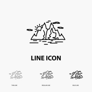 自然山景山水图标以薄,规则,大胆的线条风格. 矢量插图照片