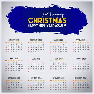 2019年日历模板。 圣诞节和新年快乐的背景