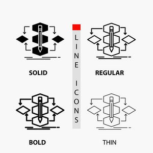 算法设计方法模型过程图标在细规则粗体线和字形风格。 矢量插图