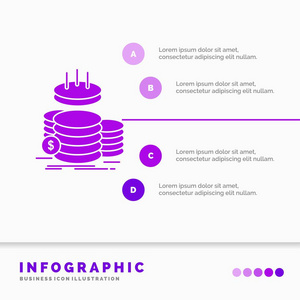 硬币融资黄金收入储蓄信息图表模板的网站和演示。 字形紫色图标信息样式矢量插图。