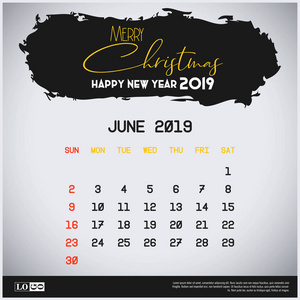 2019年6月新年日历模板。 刷笔笔头背景