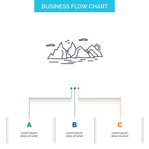 山体景观自然悬崖业务流程图设计3步。 表示背景模板位置的线条图标