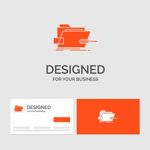 用于文件夹修复skrewdriver技术的业务徽标模板。 带有品牌标志模板的橙色名片。