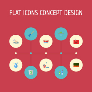 一套清洁图标平面风格符号与家政, 海绵, 擦拭和其他图标为您的网络移动应用程序徽标设计