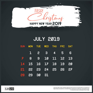 2019年7月新年日历模板。 刷笔笔头背景