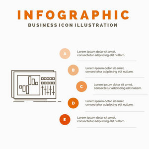 控制均衡器均衡声音工作室信息图形模板的网站和演示。 线条灰色图标橙色信息样式矢量插图