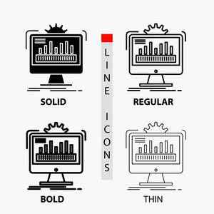 仪表板管理监视器监控处理图标在薄的规则粗体线和字形风格。 矢量插图