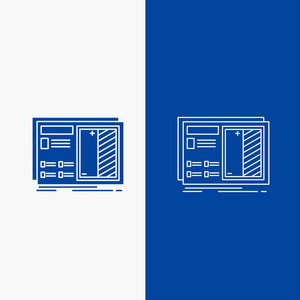 蓝图设计图样本线和字形网页按钮，蓝色垂直横幅为UI和UX网站或移动应用程序