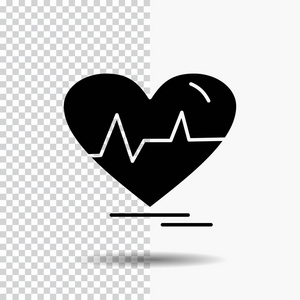 心电图心跳脉冲在透明背景上跳动字形图标。 黑色图标