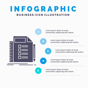 商业列表计划，规划任务，信息图表模板，用于网站和演示。 字形灰色图标与蓝色信息风格矢量插图。