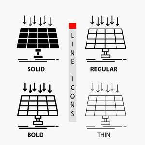 太阳能电池板能源技术智能城市图标在薄的规则粗体线和字形风格。 矢量插图