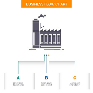 工厂工业制造生产业务流程图设计有3步。 字形图标表示背景模板位置的文本。