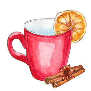 柠檬和肉桂的红色牛奶杯。 水彩手绘插图孤立在白色背景上。 完美的庆典卡邀请函
