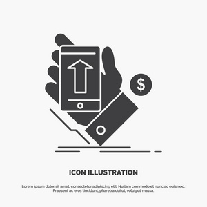 手机手购物智能手机货币图标。 用户界面和UX网站或移动应用程序的字形矢量灰色符号