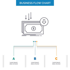 业务成本削减费用财务资金业务流程图设计有三个步骤。 表示背景模板位置的线条图标