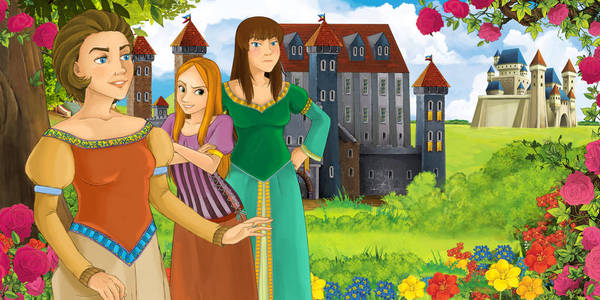 卡通自然场景，森林附近有美丽的城堡，有美丽的年轻女孩姐妹和母亲为孩子们插图