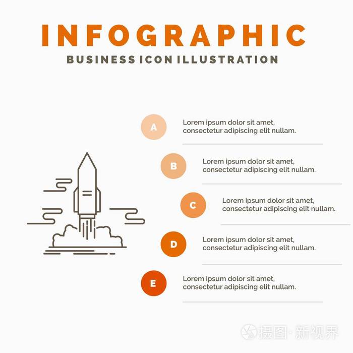 发布应用程序穿梭空间信息图形模板的网站和演示。 线条灰色图标橙色信息样式矢量插图