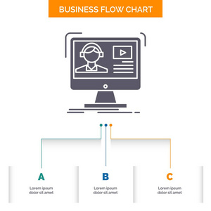 教程视频媒体在线教育业务流程图设计有3个步骤。 字形图标表示背景模板位置的文本。