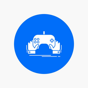 游戏游戏移动娱乐应用白色字形图标在圆圈。 矢量按钮插图