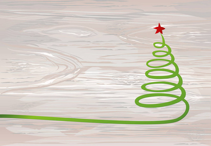 圣诞树的绿色丝带与红星。木制背景上的矢量。节日新年贺卡。空的文字或广告空间