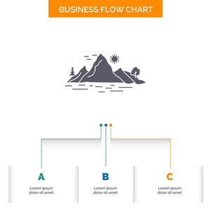 自然小山景观山树业务流程图设计3个步骤。用于演示的雕文图标背景模板的文本位置.