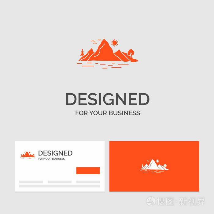 商业标志模板为自然，小山，景观，山，树。橙色参观卡与品牌标志模板。