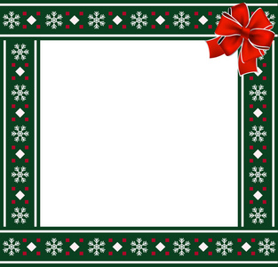 可爱的圣诞节或新年绿色边界与圣诞节雪花图案装饰和红色节日蝴蝶结白色背景。矢量图，方形模板，相框，剪贴簿，复制空间