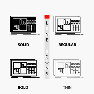 控制，均衡器，均衡，声音，工作室图标在薄，规则，粗体线和字形风格。矢量图
