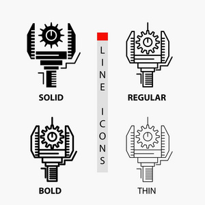 自动化，工业，机器，生产，机器人图标在薄，规则，粗体线和字形风格。矢量图