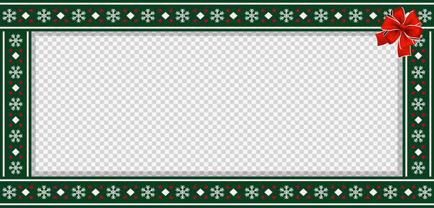 矢量矩形模板，框架，横幅，广告牌，招牌，复制空间..可爱的圣诞节或新年绿色边缘框架与雪花图案装饰和红色蝴蝶结在透明的背景。