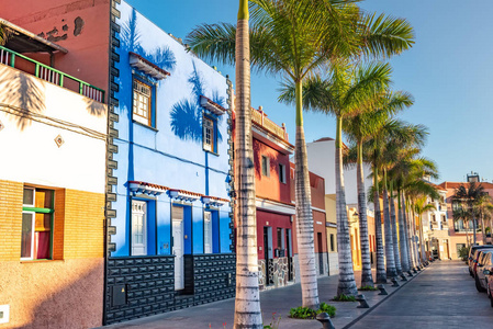 五颜六色的房子, 棕榈在街道上 la cruz 镇 tenerife 加那利群岛