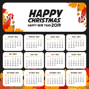 2019日历模板。圣诞及新年快乐背景