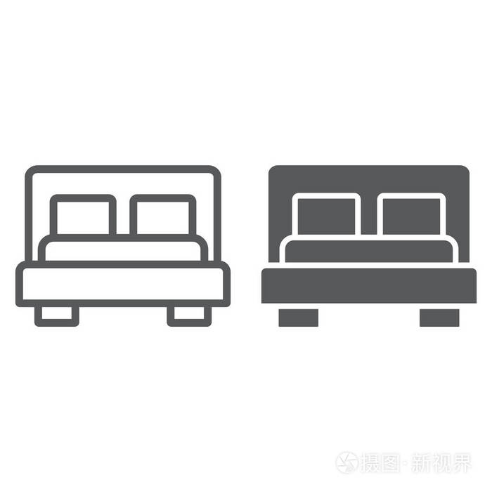 床线和字形图标家具和酒店卧室标志矢量图形在白色背景的线性图案