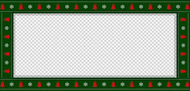 可爱的圣诞节或新年绿色边界与圣诞节雪花和铃铛图案装饰在透明的背景。矢量矩形模板，横幅，招牌，广告牌，复制空间
