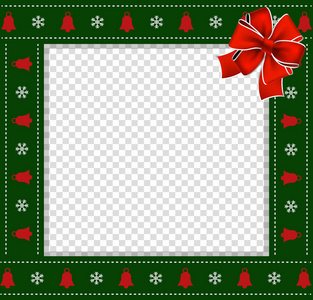 可爱的圣诞节或新年绿色边界与圣诞节雪花和铃铛图案装饰和红色节日蝴蝶结在透明的背景。矢量方形模板，相框，剪贴簿，复制空间