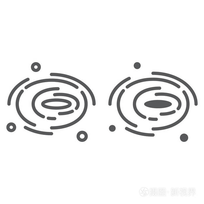 黑洞线和字形图标, 宇宙和空间, 星系标志, 矢量图形, 在白色背景的