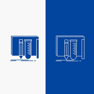 在蓝色垂直横幅中为UI和UX网站或移动应用程序构建设备工厂实验室工具线和雕文网页按钮