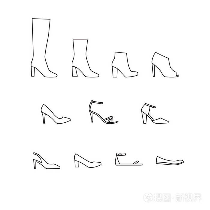 不同类型的轮廓女鞋的矢量集大纲wo