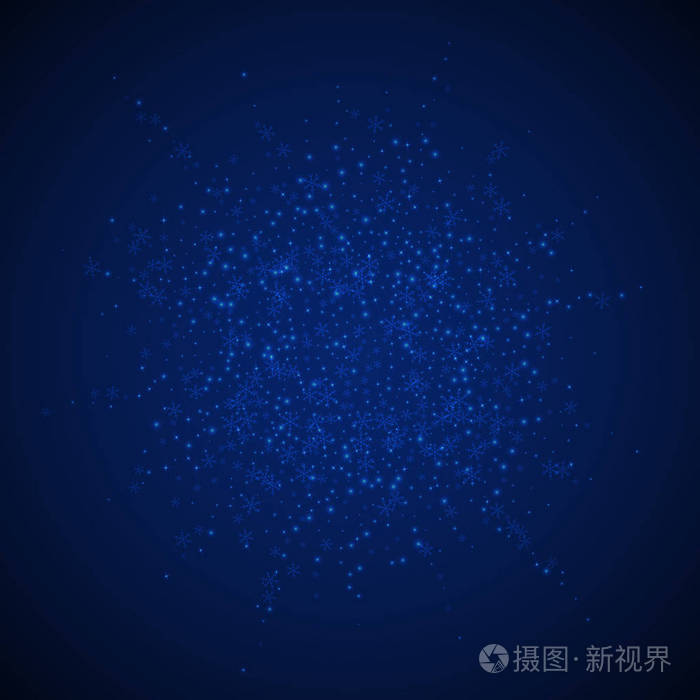 在深蓝色的夜晚背景上,细微的雪花和星星.惑冬银雪花覆盖模板.