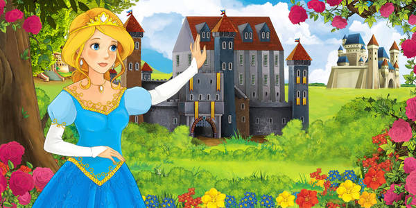 卡通自然场景与美丽的城堡靠近森林与美丽的年轻公主儿童插图