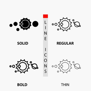 太阳，系统，宇宙，太阳系，天文学图标在薄，规则，粗体线和字形风格。矢量图