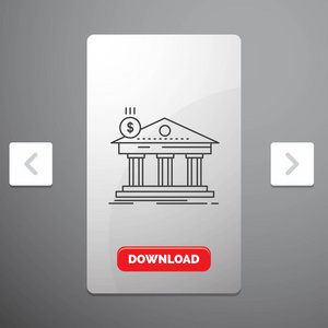 架构，银行，银行，建筑，联邦线图标在唤醒分页滑块设计和红色下载按钮