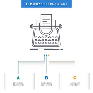 文章，博客，故事，打字机，作家业务流程图设计3个步骤。表示背景模板位置的行图标
