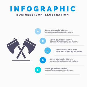 轴，斧头，工具，刀具，维京信息图形模板的网站和演示。带有蓝色信息样式矢量插图的GLYPH灰色图标。
