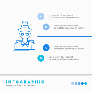 侦探，黑客，隐姓埋名，间谍，小偷信息图形模板的网站和演示。线蓝图像图片样式矢量插图