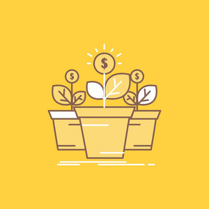 生长，金钱，植物，盆栽，树木平线填充图标。在UI和UX网站或移动应用程序的黄色背景上的漂亮徽标按钮
